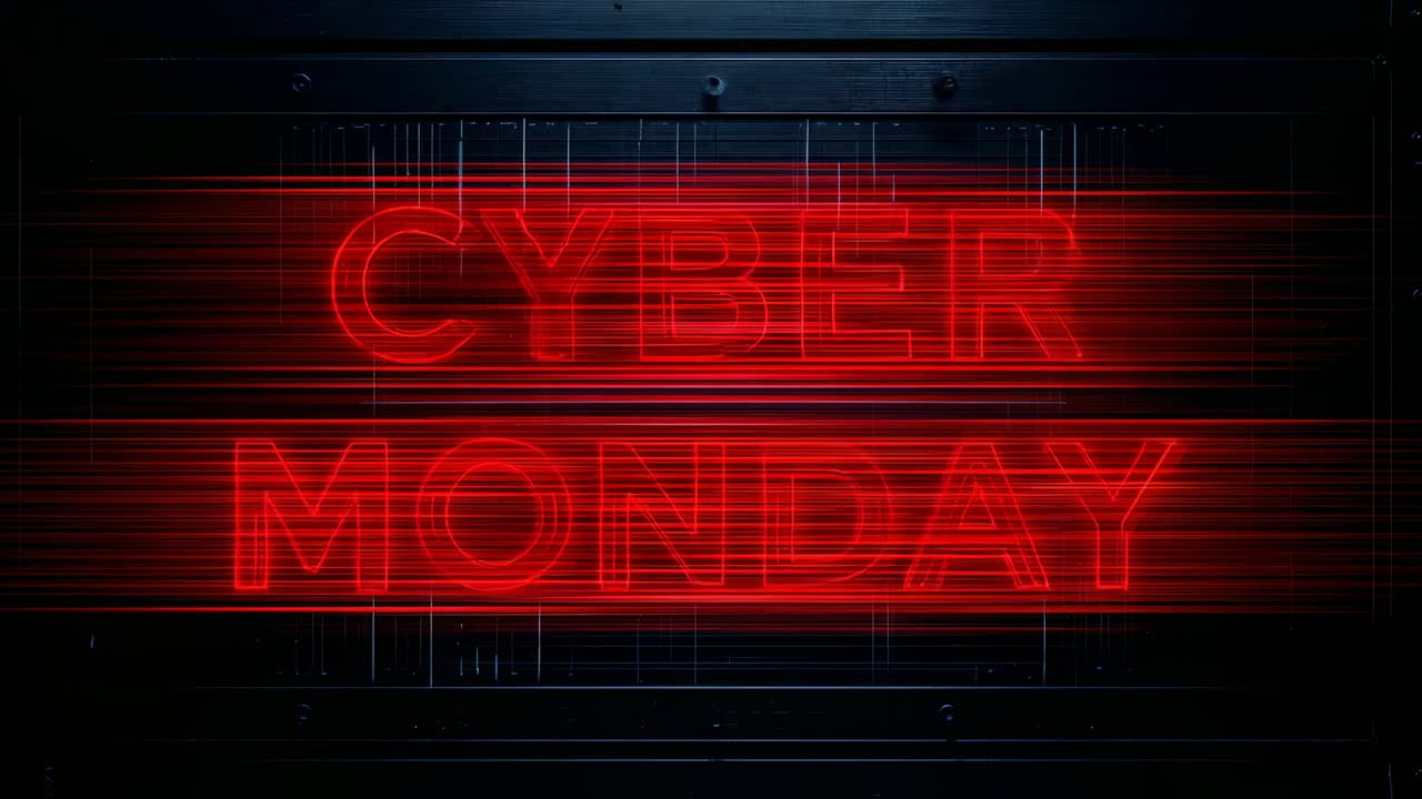 Pulsing red neon CYBER MONDAY sign powering on against metal shutter, with glitch streaks