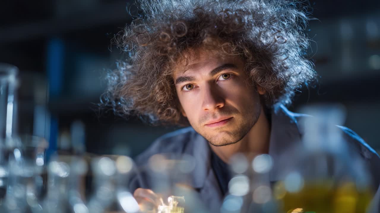 En ung forsker med krøllete hår undersøker glassutstyr i et laboratorium, omgitt av fargerike væsker og reflekterende overflater, fanget i et engasjerende øyeblikk