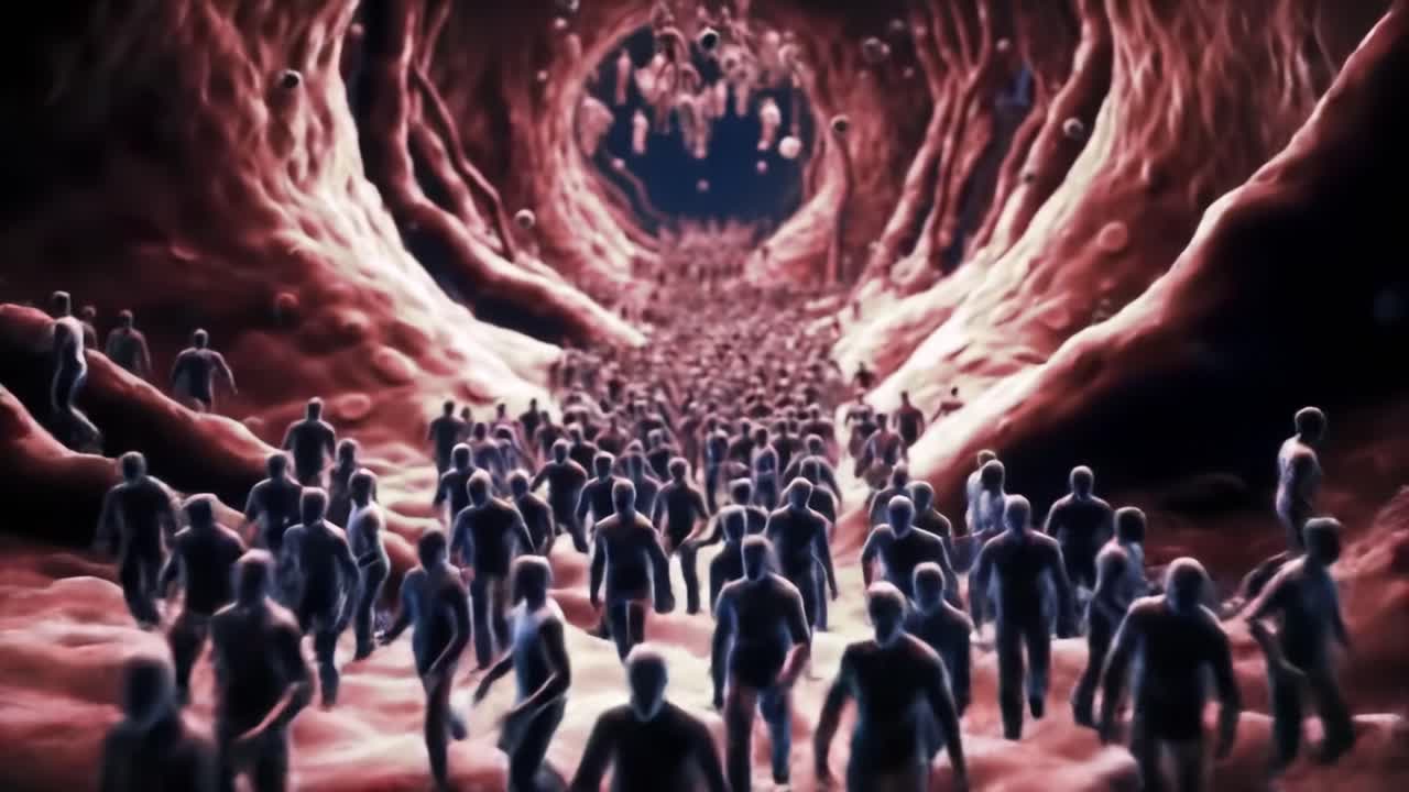 A Surreal Journey Through Cellular Pathways Depicting an Endless Stream of Figures Moving Within a Vibrant Biological Landscape of Life and Microorganisms