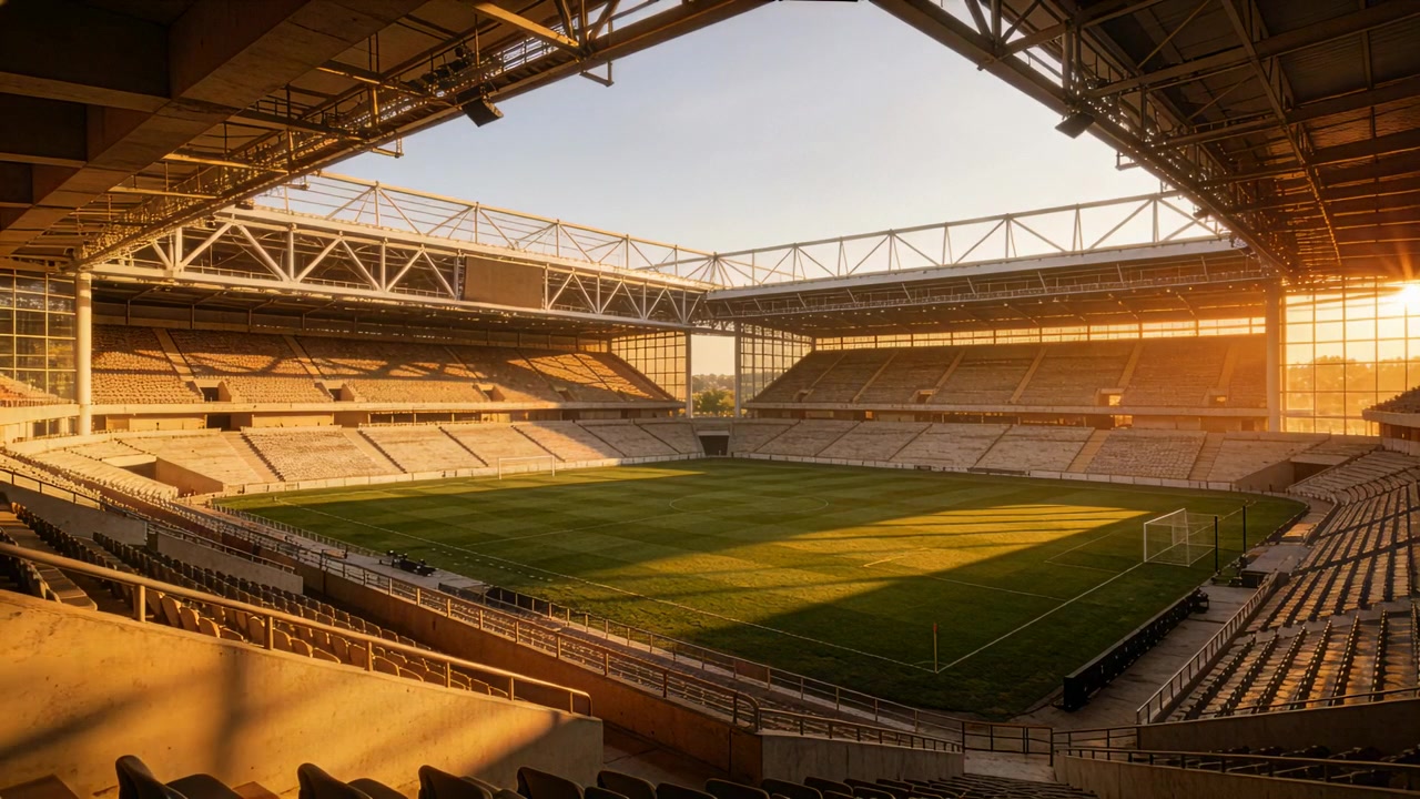 Sich verlagerndes Sonnenlicht badet den Fußballplatz im Stadion bei Sonnenaufgang und wirft lange Schatten nahe dem Tor.