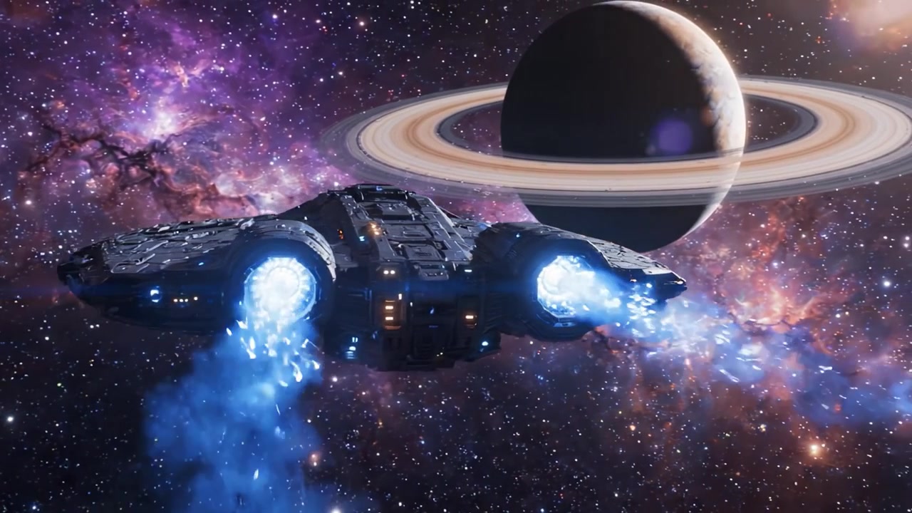 Pesawat Luar Angkasa yang Memukau Meluncur Melintasi Hamparan Kosmik, Mendekati Planet Megah dengan Sistem Cincin di Tengah Latar Belakang Galaksi yang Cerah Penuh Bintang dan Warna