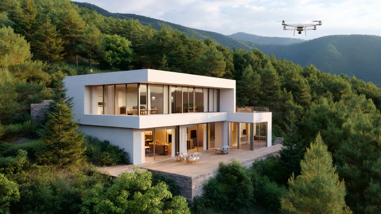 Modern Villa Surrounded by Lush Nature with a Drone Flying Above, Showcasing Elegant Architecture and Scenic Mountainous Landscape