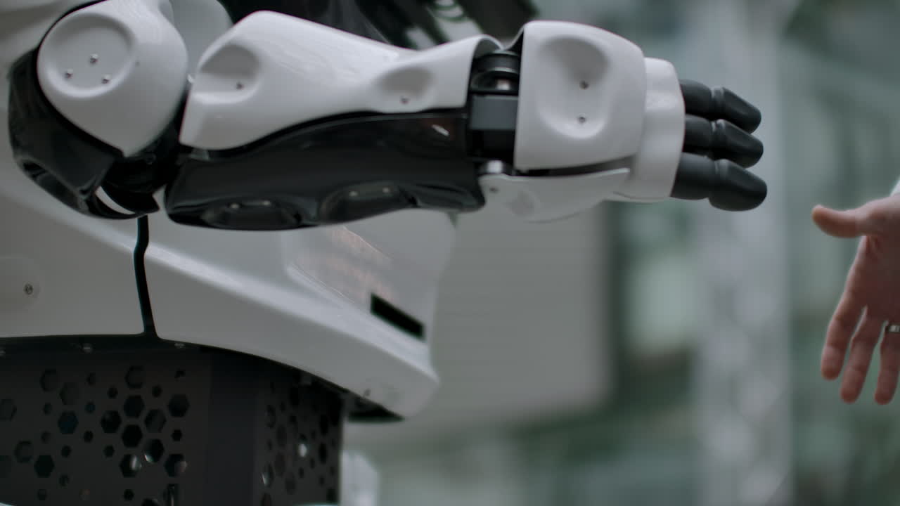 interacción del hombre y las tecnologías modernas de inteligencia artificial. cerca de la mano masculina del científico sacude el brazo robótico. manos robóticas y humanas se unen en un apretón de manos. reunión y saludo de amigos.
