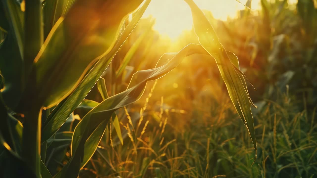 Close-up, low-angle shot of sunlit cornfield at sunset, capturing golden hues and serene nature