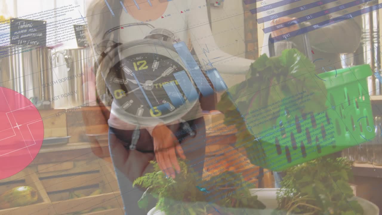 Animazione di elaborazione dati e sveglia su caucasici che fanno la spesa insieme al supermercato