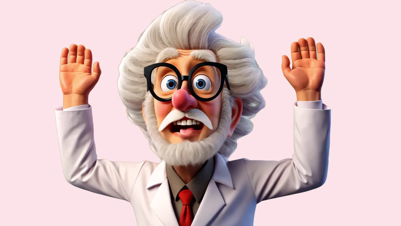 Crazy scientist with glasses animated overlay, transparent 4K video, alpha channel, ProRes 4444