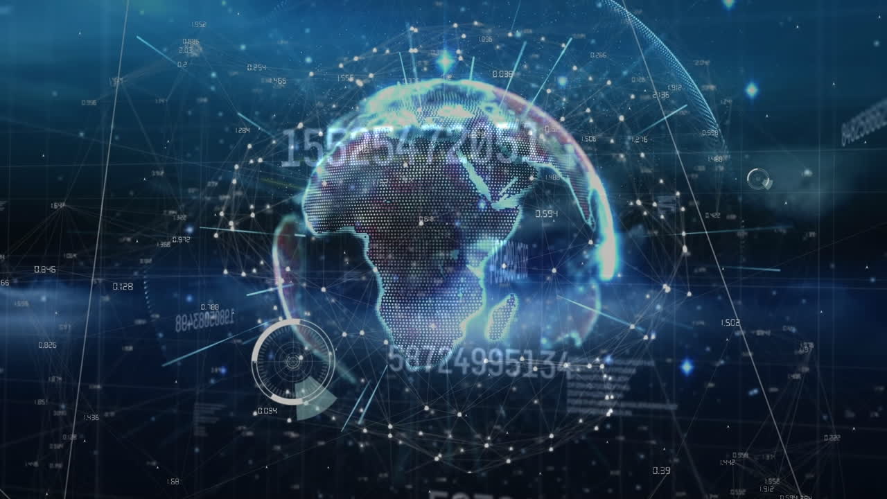 데이터 처리 및 검은색 배경에 5g 텍스트에 대한 지구의 애니메이션