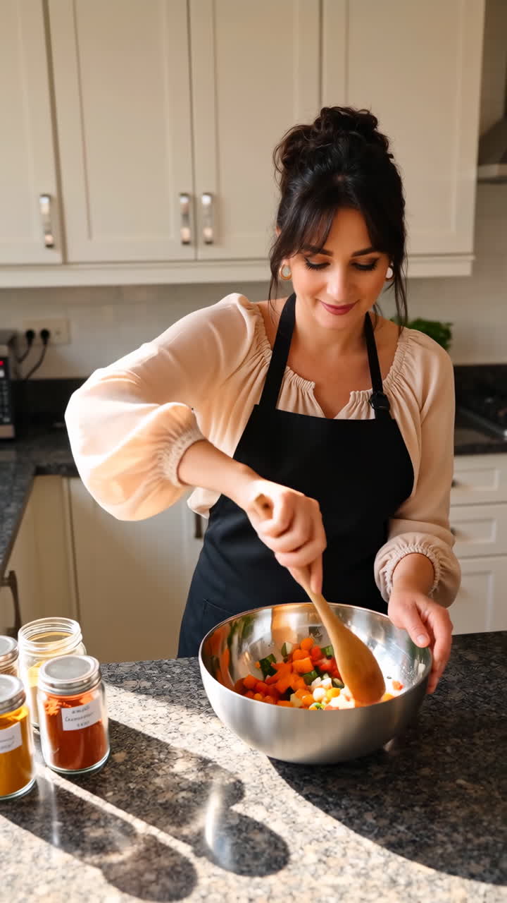 Woman mixing vegetables in a kitchen