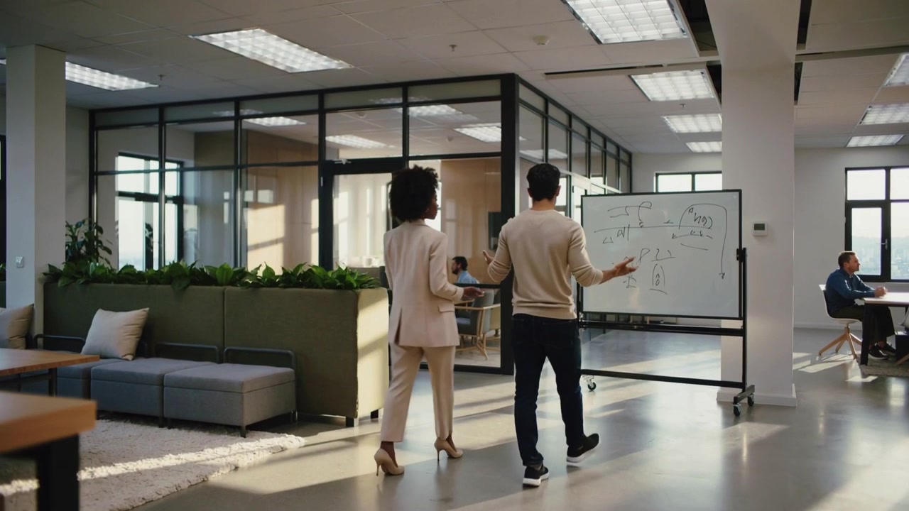 Walking woman in suit, man in sweater entering left, pointing to mobile board during office tour