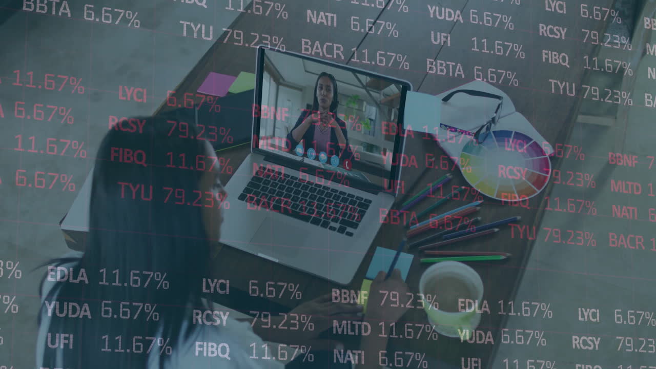 Woman attending remote business meeting at desk, with financial data floating around