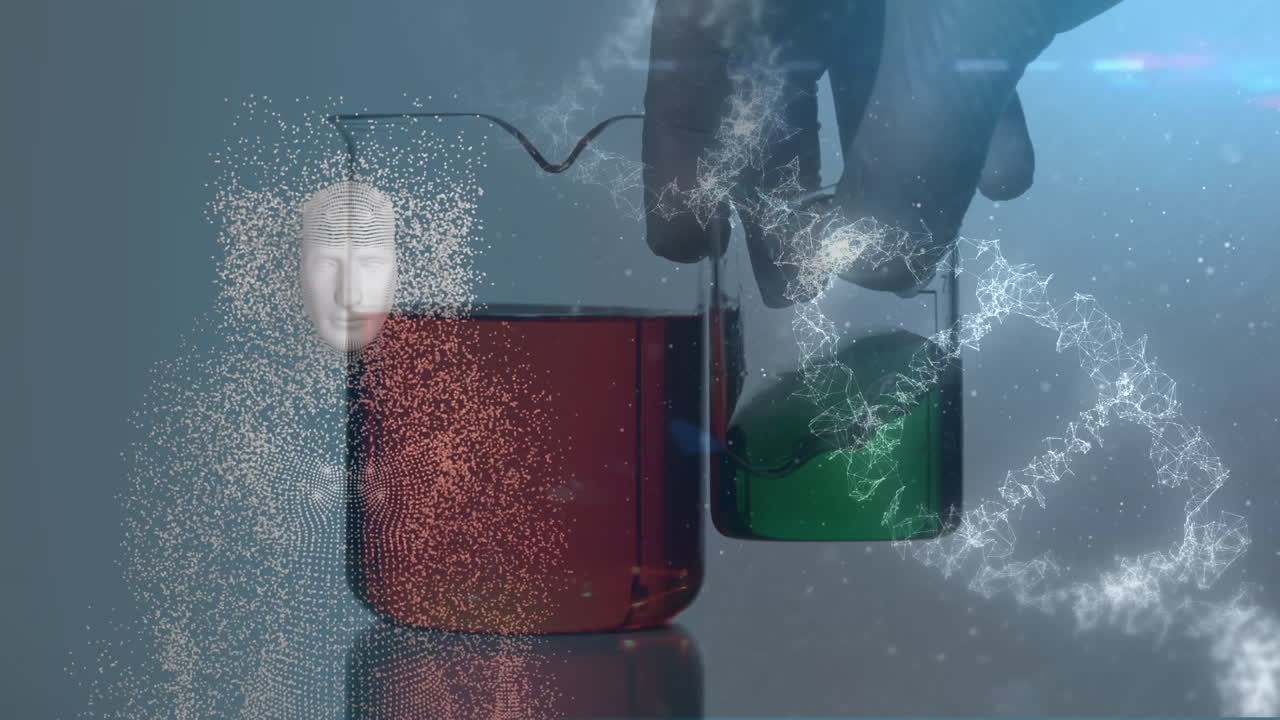 анимация модели человеческого тела и структуры днк в руке, держа в руках чашку, наполненную химическим веществом.