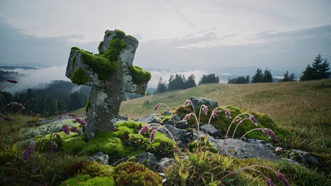 Telecamera in movimento che rivela una croce di pietra ricoperta di muschio su un pendio, con nebbia che si dirada e fiori di campo che ondeggiano.