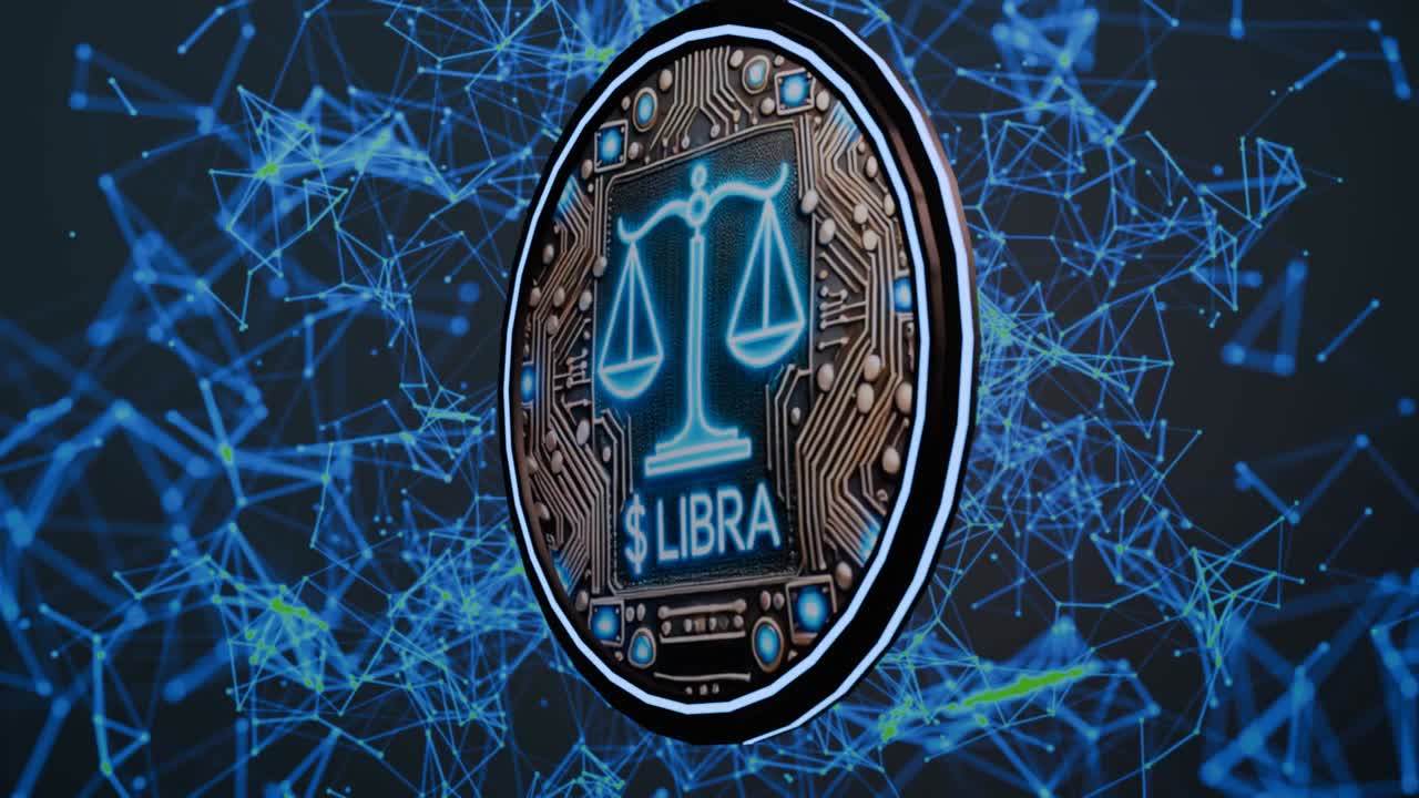 Libra cryptocurrency coin rotating against dynamic plexus background, revealing intricate digital finance symbol and technological innovation in global economic landscape