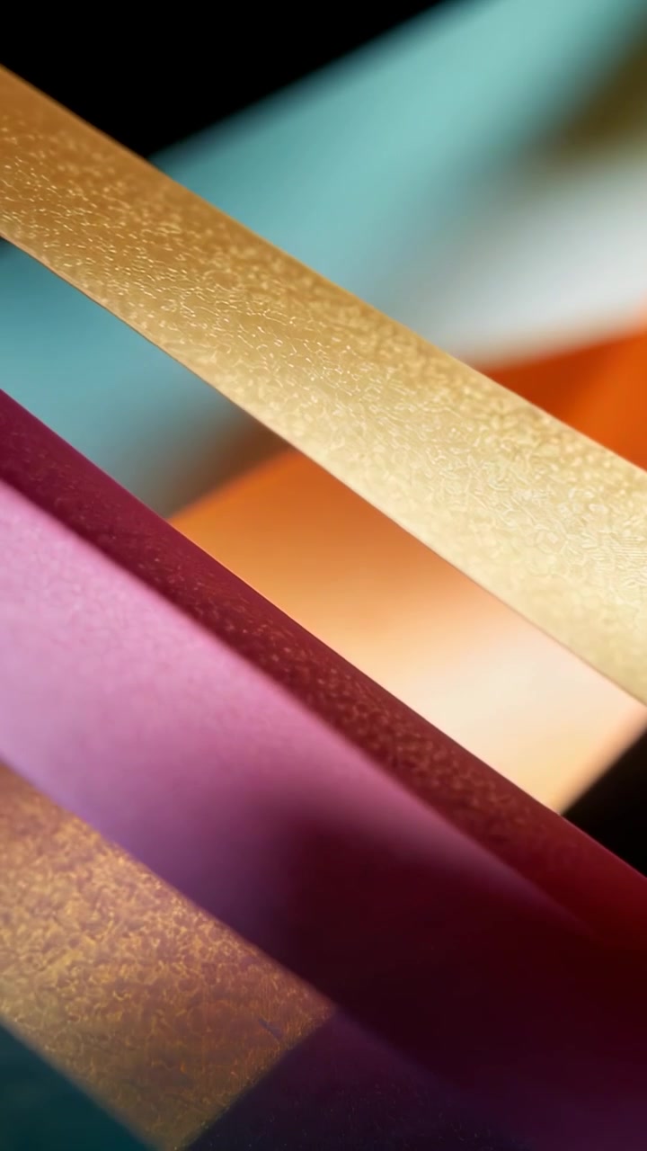 Video verticale: Strisce diagonali stratificate oro e rosa che si muovono mentre le luci dello studio si spostano, mostrando la texture.