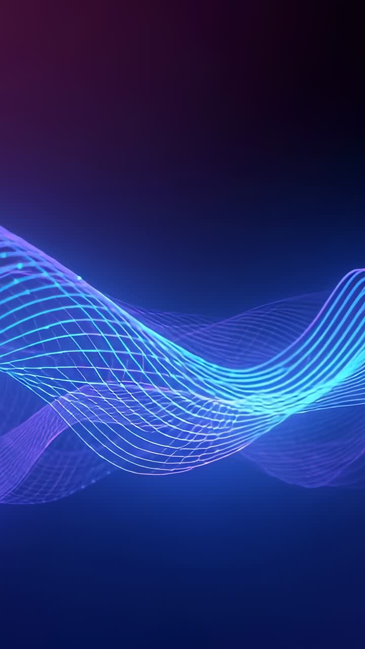 Vertical video: Initiating neon-blue grid-like wave pulsing and shifting across gradient backdrop
