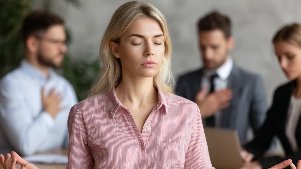 A Focused Mind: A Young Woman Practicing Mindfulness Amidst a Professional Setting, Highlighting the Importance of Inner Peace in a Busy Work Environment