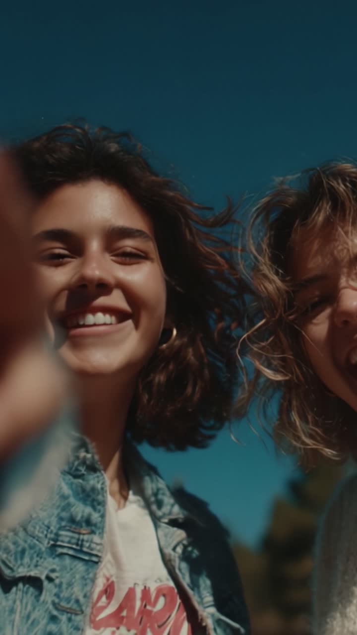 Catturare momenti gioiosi: due amici condividono risate e sorrisi in un luminoso ambiente esterno, irradiando positività e amicizia contro uno splendido cielo blu