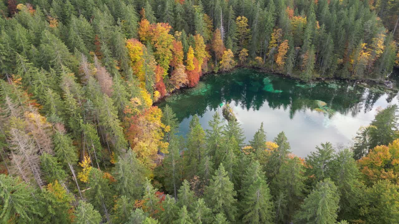 Aerial view of the colorful autumn forest around picturesque lake Badersee near the town of Grainau in Bavaria