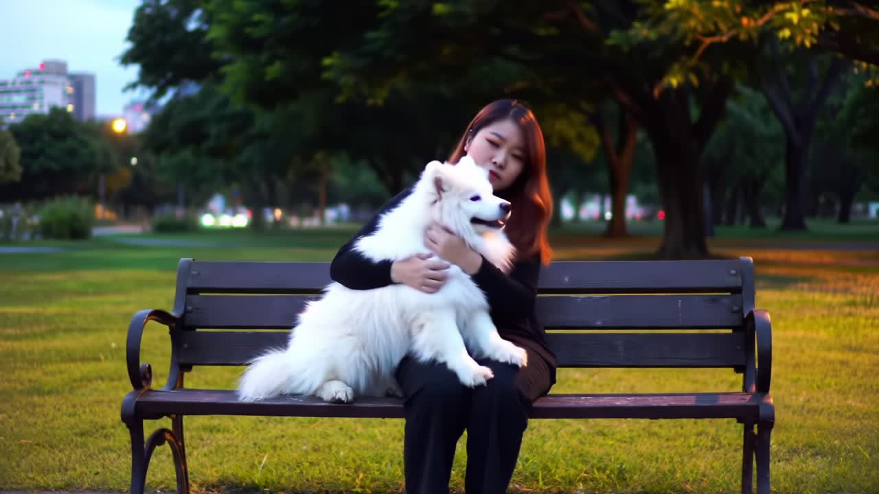A Serene Moment: A Young Woman Embraces Her Adorable Samoyed Dog on a Park Bench at Dusk, Enjoying Each Other's Company in a Calm and Peaceful Setting