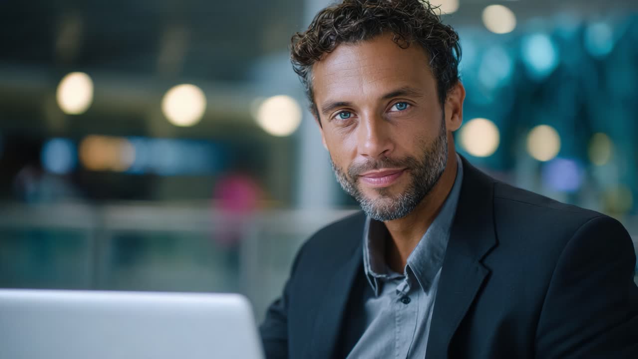 Confident Professional Man with Stylish Hair and Well-Groomed Beard Working on Laptop in Modern Office Environment, Engaging Smirk on His Face