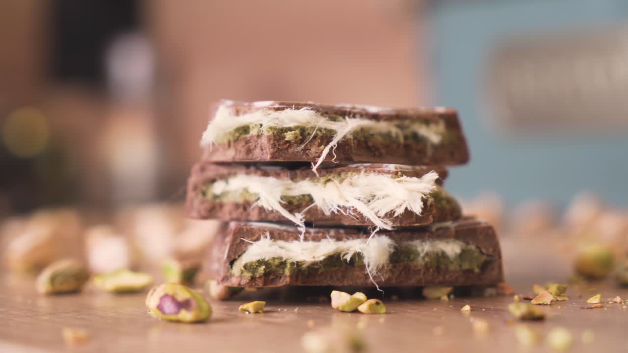 Elegant and rich Dubai chocolate filmed in a macro shot highlighting the texture of crushed pistachios and glossy sweet coating