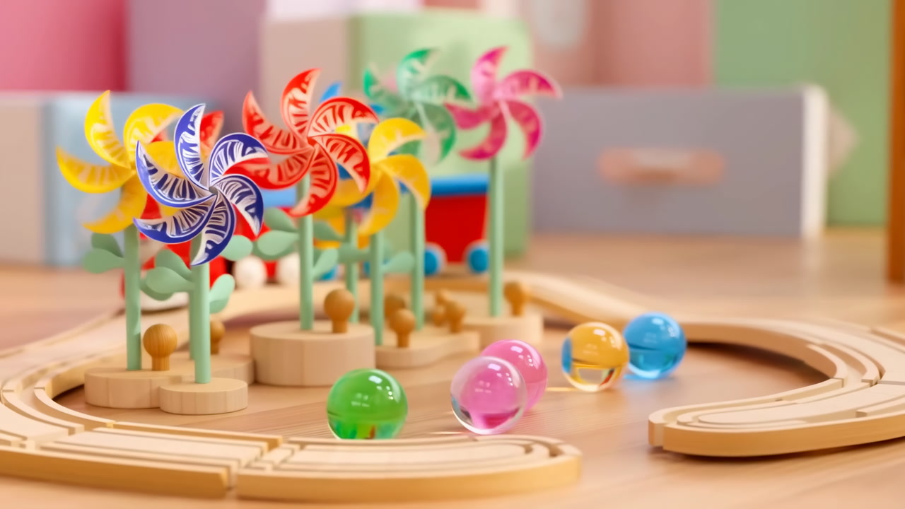 Colorful Wooden Train Set With Pinwheels, Bright Marbles Rolling Along Curved Wooden Track In Pastel Playroom,