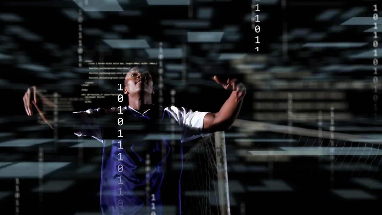 Sports data activating, male athlete tracking binary panels above goalpost, teammate appearing