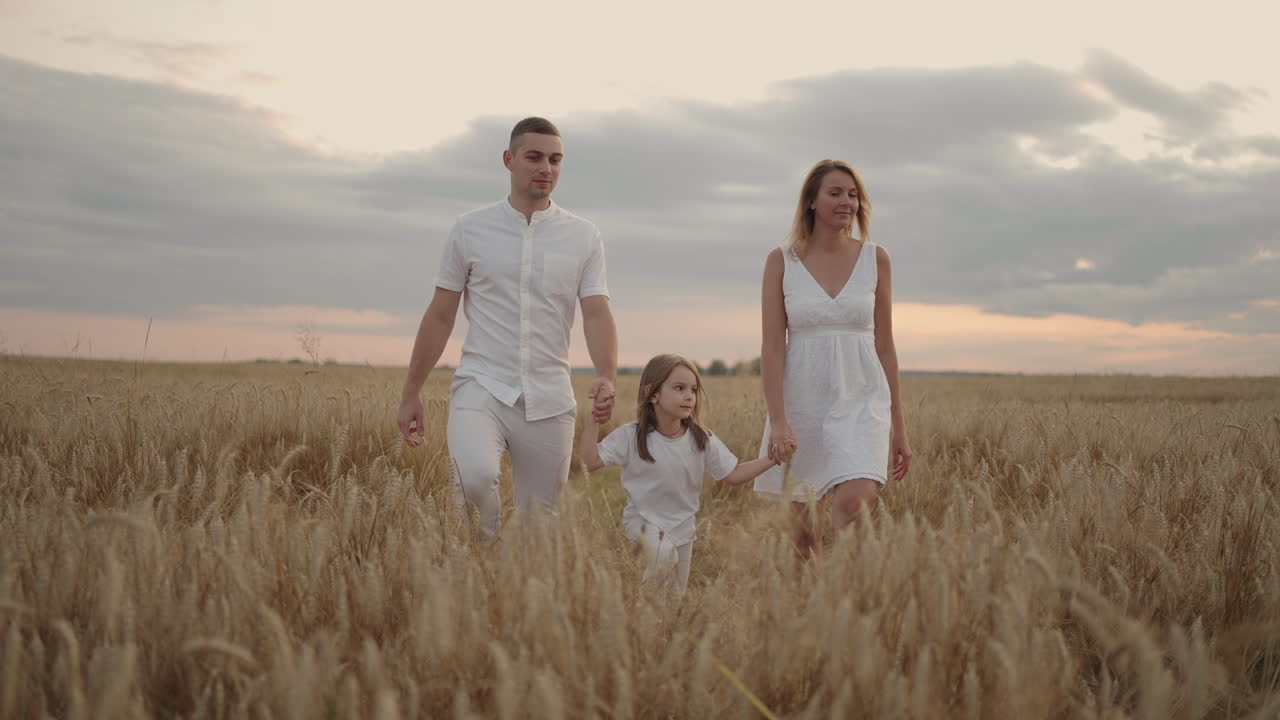 소녀 자녀들과 함께 손을 잡고 해가 지는 동안 밀 ⁇ 을 가로질러 달리는 젊은 부부. 행복한 가족이 보리 들판 사이에서 조 ⁇ 하고 함께 자연을 즐기고 있습니다. 느린 움직임