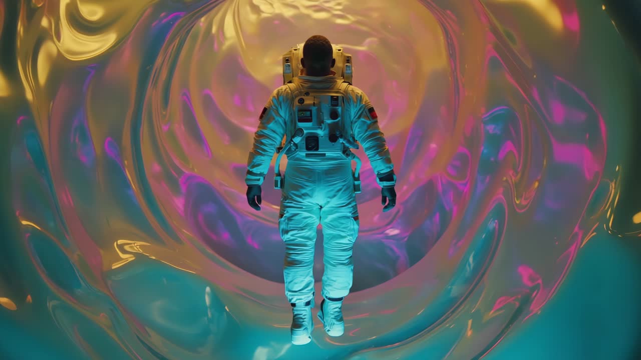 Astronauta Flutuando em um Buraco de Minhoca Abstrato Vibrante