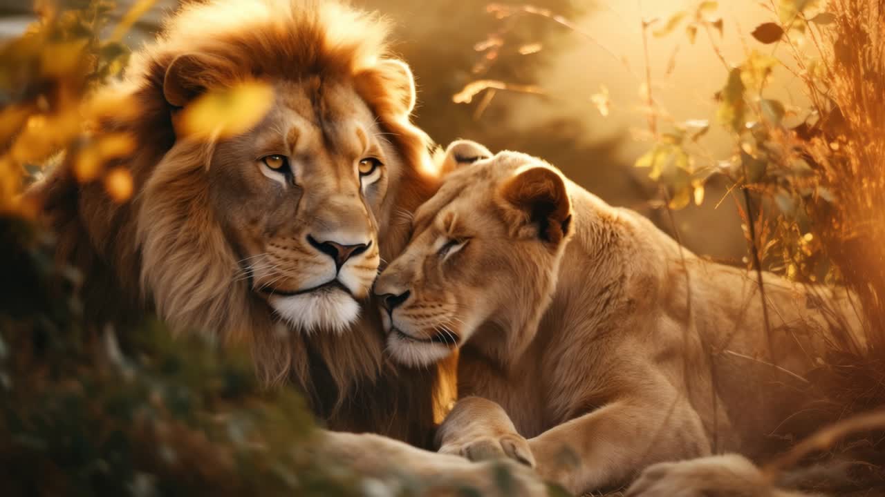 A tender moment between two lions captured at eye level in warm, golden light