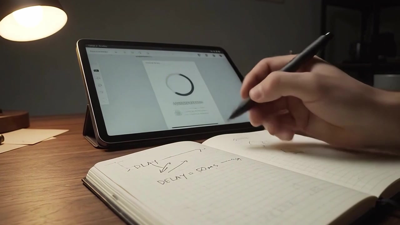 Person Writing Notes in Notebook While Using Tablet