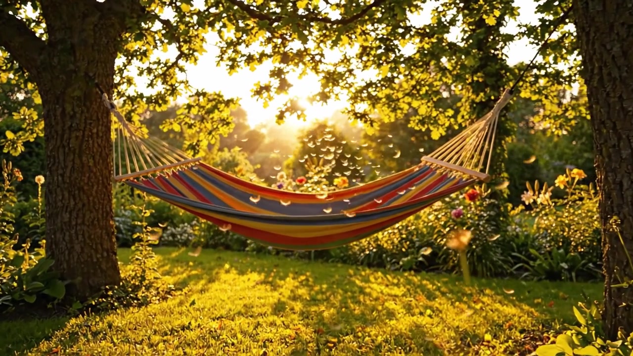 Una serata serena nella natura: un'amaca colorata annidata tra gli alberi mentre il sole tramonta, immersa in una luce calda e circondata da fiori vivaci e una vegetazione lussureggiante.