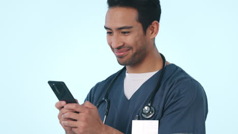 Happy-asian-man,-phone-and-doctor-typing