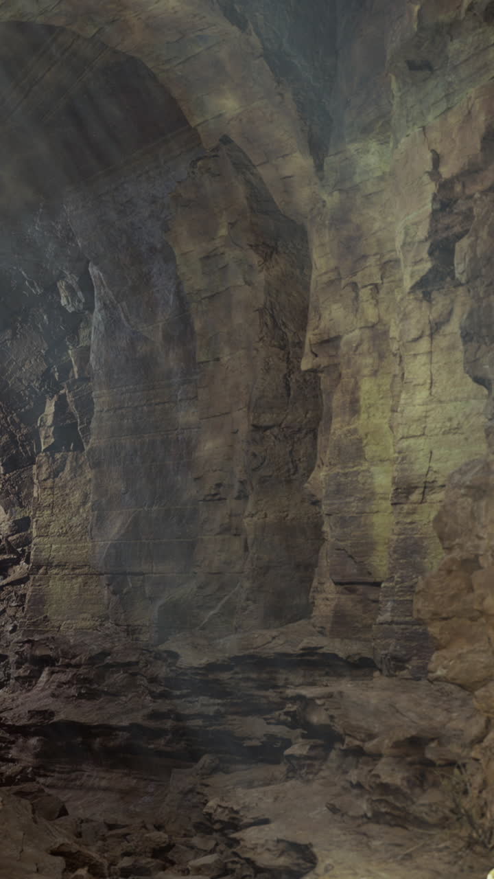 Exploring a large cave with rocky walls and textured surfaces in a dim light