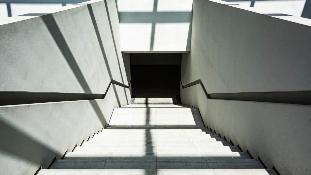 Shifting sunlight casting grid shadows across concrete staircase at stairwell to dark opening