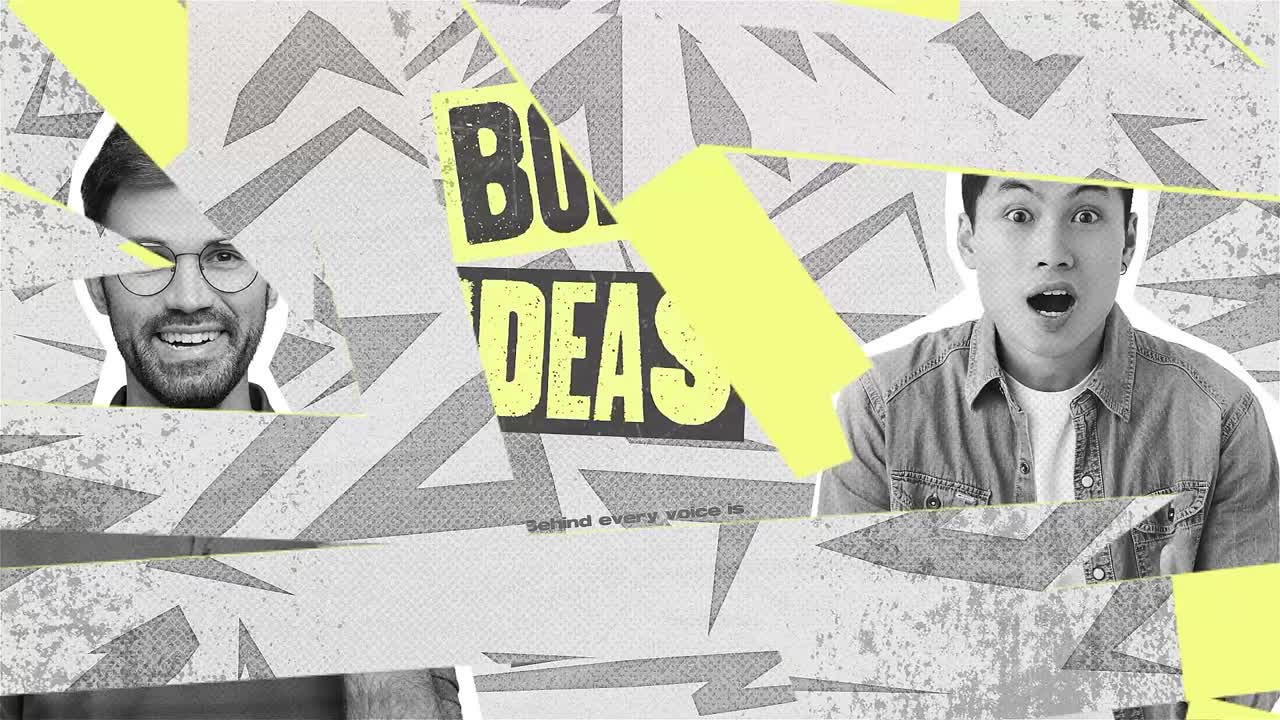 Opener tipografico per idee audaci con un design a collage energico e visual moderni in stile grunge. Perfetto per promo creative, video motivazionali, campagne sui social media, branding giovanile e animazioni introduttive dinamiche.