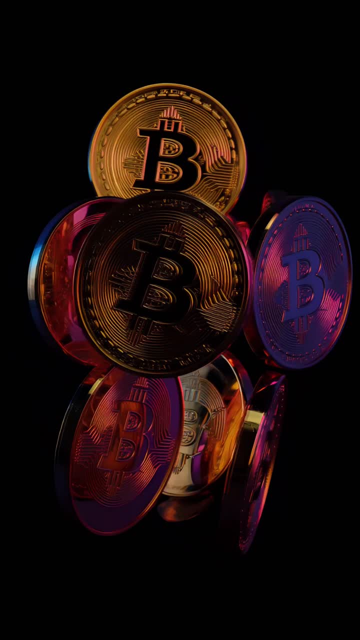 Animazione rotante di Bitcoin dorato su sfondo scuro, criptovaluta cinematografica 4K.