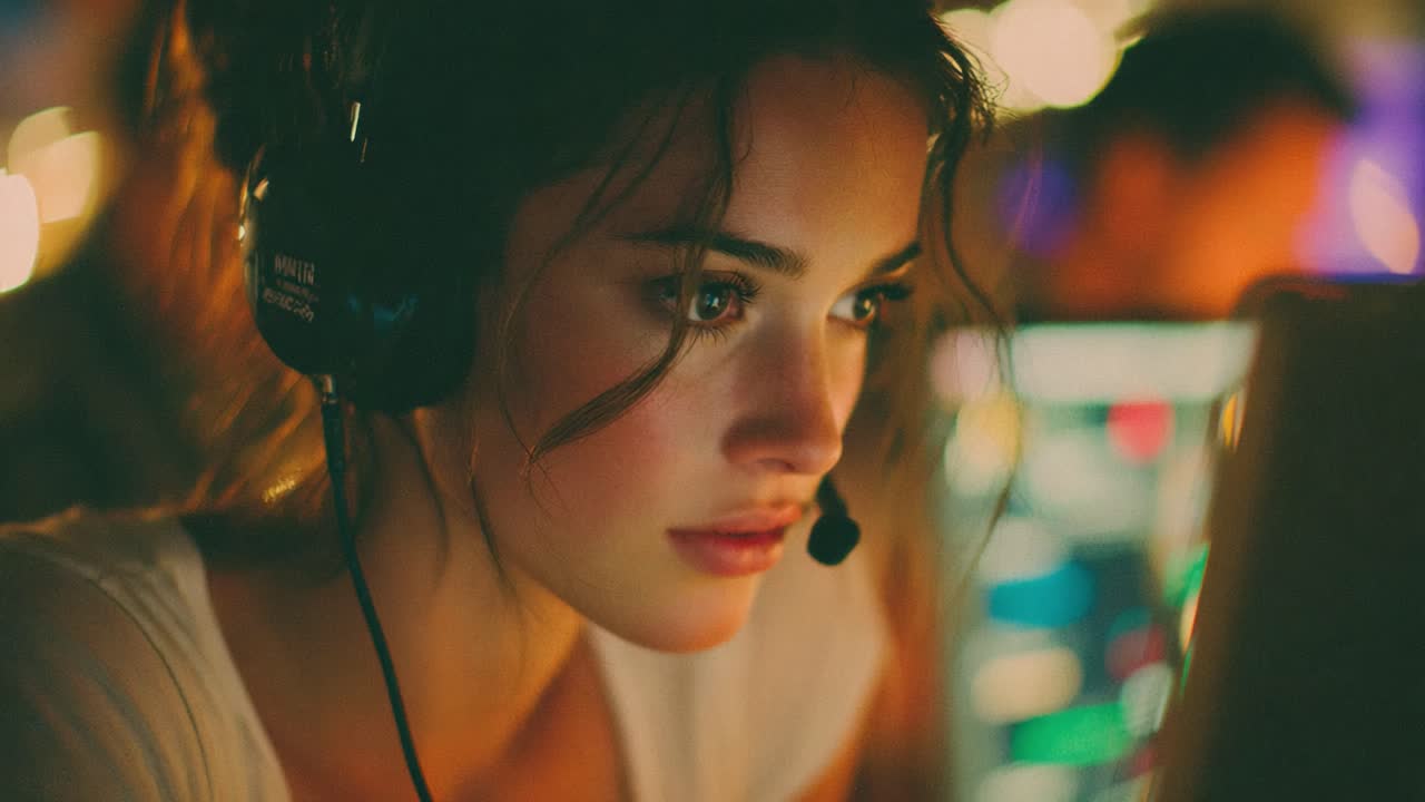 Engasjert og fokusert: En ung kvinne med headset konsentrerer seg om et digitalt grensesnitt, omgitt av levende bakgrunner av farger og lys i et teknologisk miljø