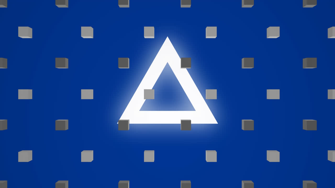 파란색 배경에 있는 삼각형 위의 큐브 패턴의 행의 애니메이션