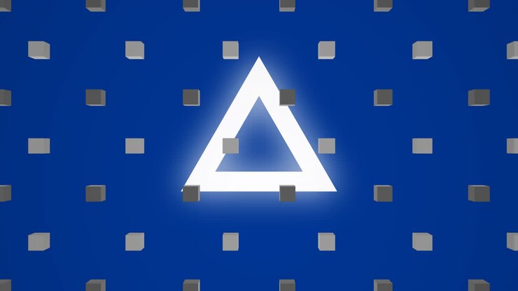 Animación de un patrón de filas de cubos sobre triángulos en un fondo azul.