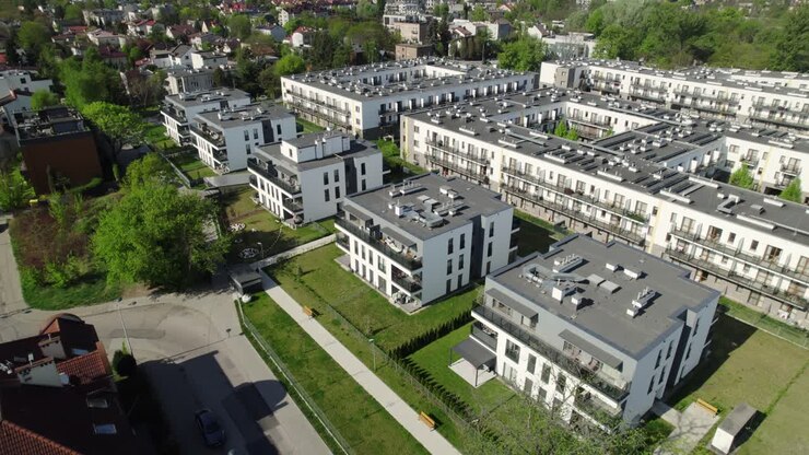 Moderne boligområde med fritliggende huse, set fra luften