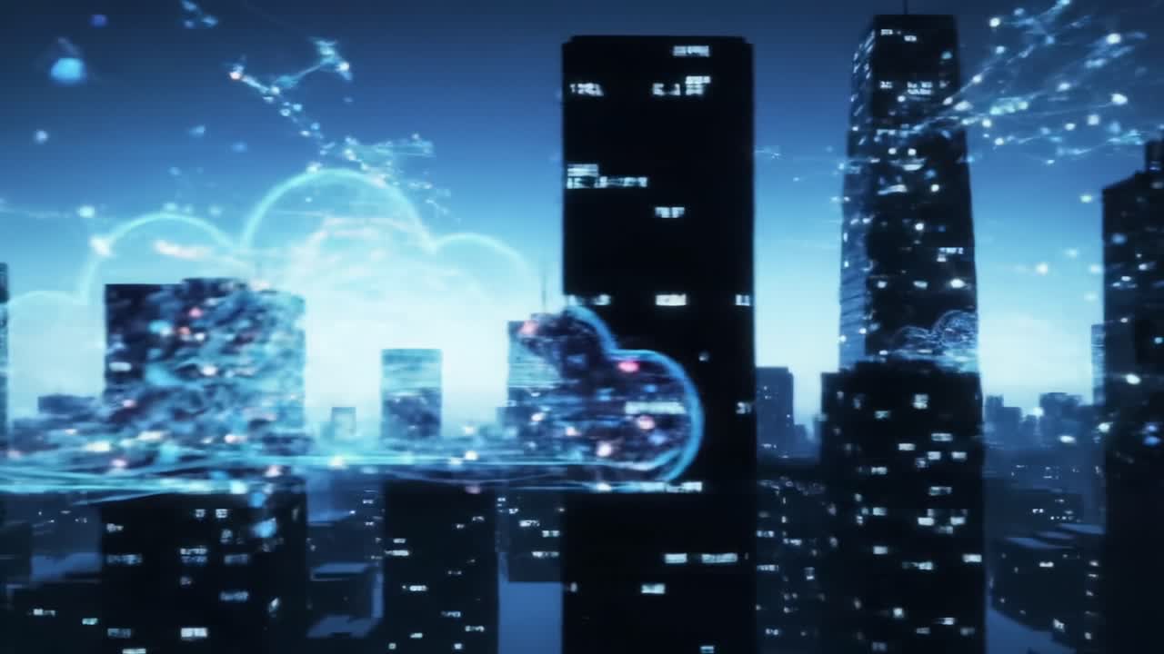 Paesaggio urbano futuristico con reti digitali che illuminano gli edifici in un contesto notturno, mettendo in mostra l'intersezione tra tecnologia e vita urbana
