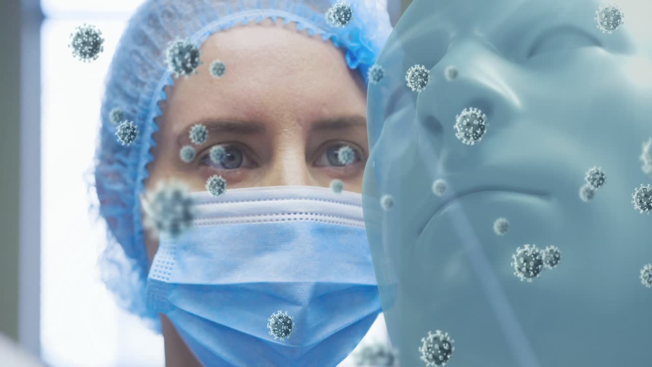 Nurse aligning swab into mannequin nostril after left probe appearing, virus overlay for testing
