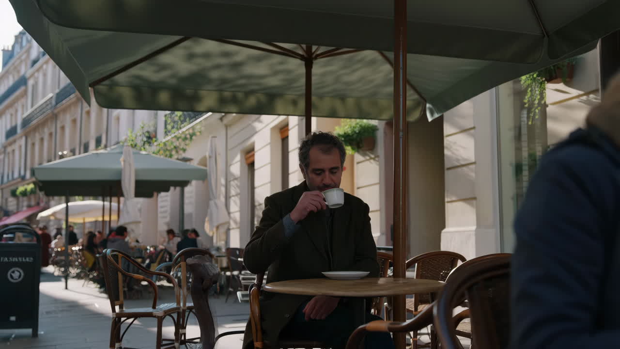 Man enjoying coffee at an outdoor cafe on a city street