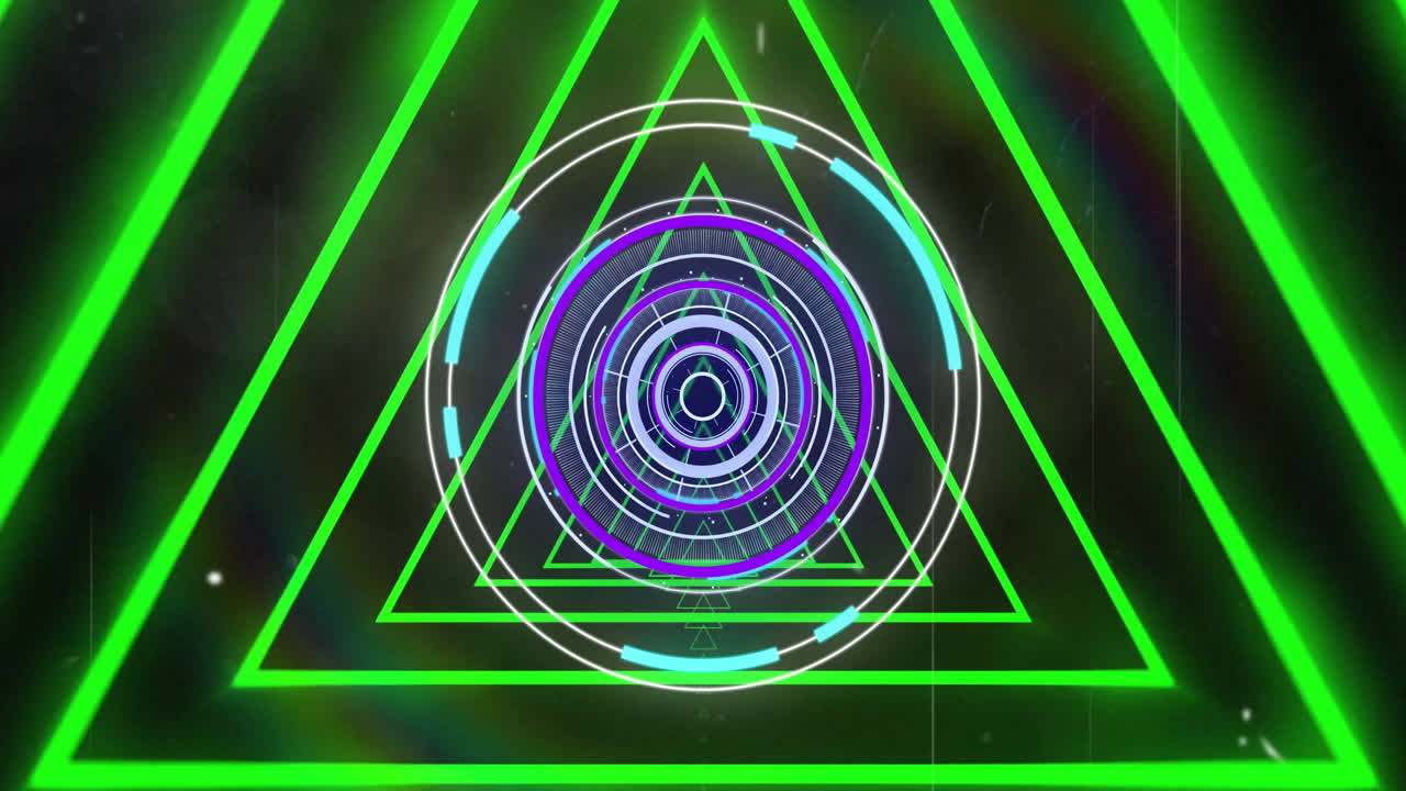 Geometric shapes and glowing neon triangles in futuristic animation