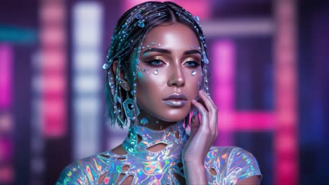 a stunning portrait of a model in futuristic makeup and lighting, showcasing iridescent details and a striking expression amidst a colorful background