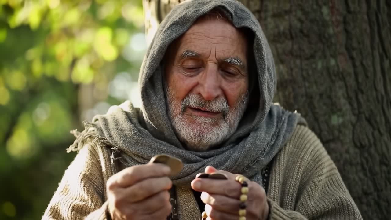 An elderly man sits calmly against a tree, holding a string of beads in his hands. Sunlight filters through the leaves, creating a serene atmosphere. He appears thoughtful and content.