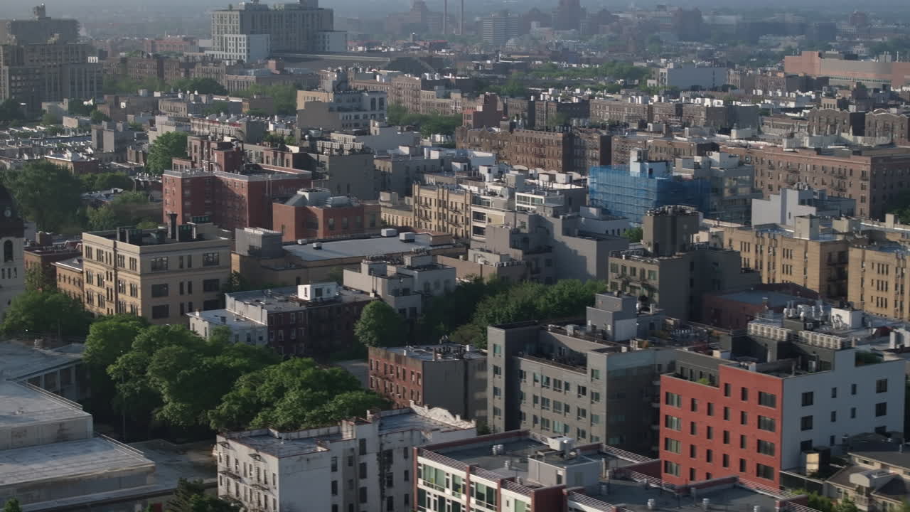 Aerial view of residential buildings in Brooklyn. Shot on a humid morning in New York City