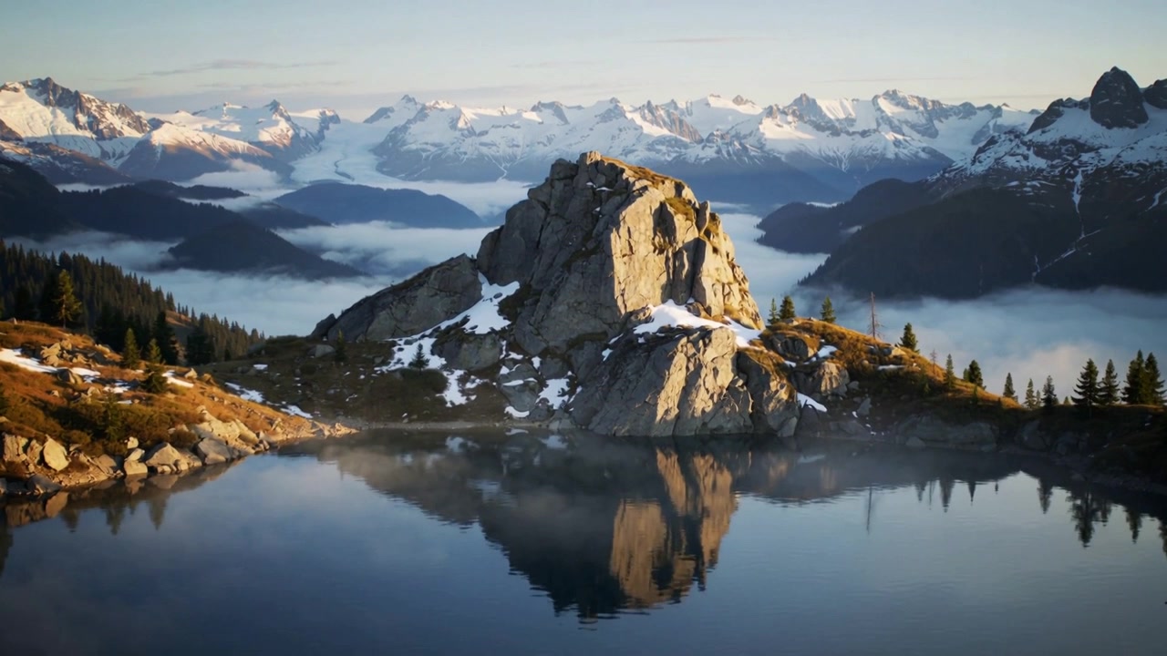 Fremhever et sentralt fjellfremspring med snø som reflekteres i en alpin innsjø, morgensolen varmer skråningene