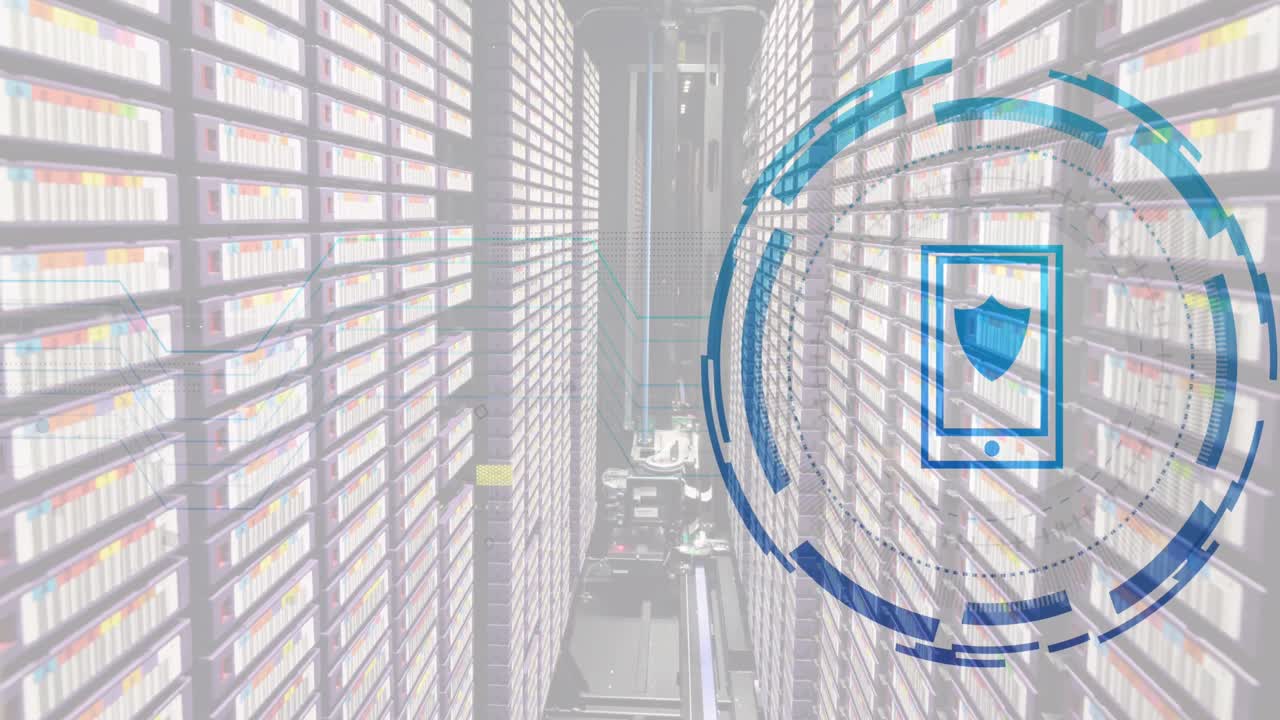 데이터 처리 및 서버 객실에서 스마트 폰 아이콘의 애니메이션